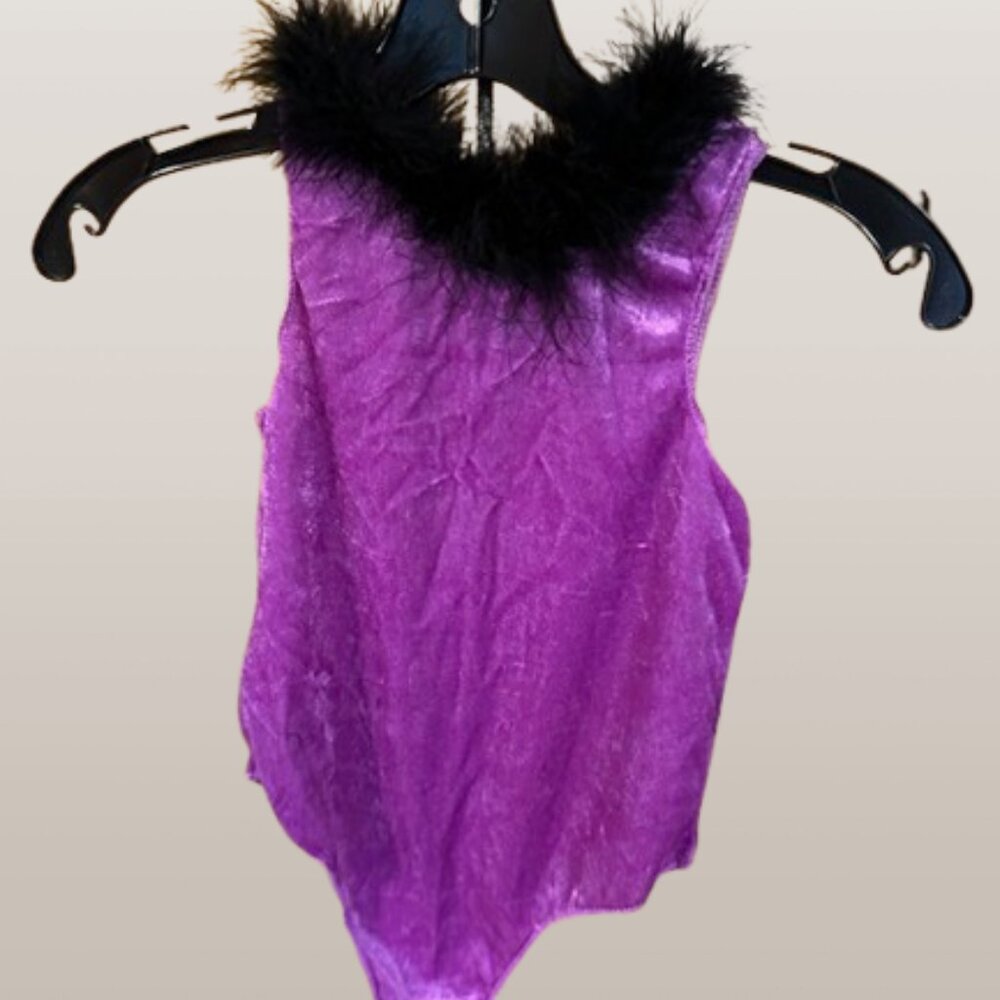 Purple Velvet Leotard with Black Feathers  7500  NWT Boutique